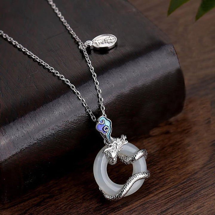 Collier pendentif en argent sterling 925 avec boucle de paix en jade blanc Hetian et Buddha Stones Année du Dragon