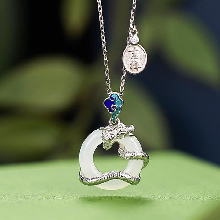 Collier pendentif en argent sterling 925 avec boucle de paix en jade blanc Hetian et Buddha Stones Année du Dragon