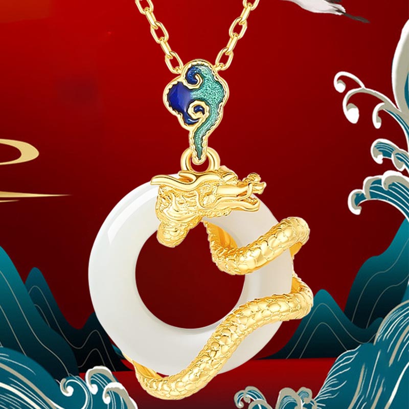 Collier pendentif en argent sterling 925 avec boucle de paix en jade blanc Hetian et Buddha Stones Année du Dragon