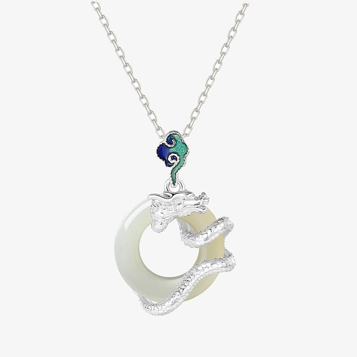 Collier pendentif en argent sterling 925 avec boucle de paix en jade blanc Hetian et Buddha Stones Année du Dragon
