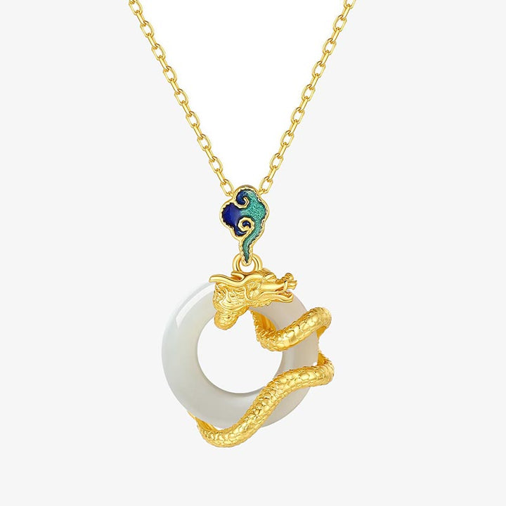 Collier pendentif en argent sterling 925 avec boucle de paix en jade blanc Hetian et Buddha Stones Année du Dragon