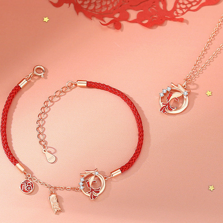 Collier pendentif porte-bonheur en argent sterling 925 Buddha Stones et poisson Koi de l'année du dragon