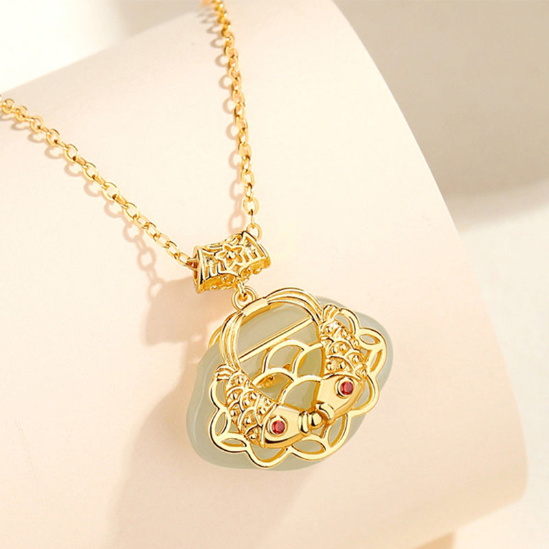 Collier pendentif en argent sterling 925 Buddha Stones en jade naturel Hetian Koi Fish Wealth