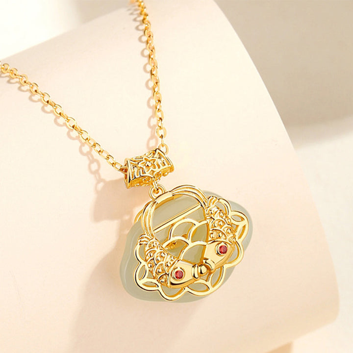 Collier pendentif en argent sterling 925 Buddha Stones en jade naturel Hetian Koi Fish Wealth