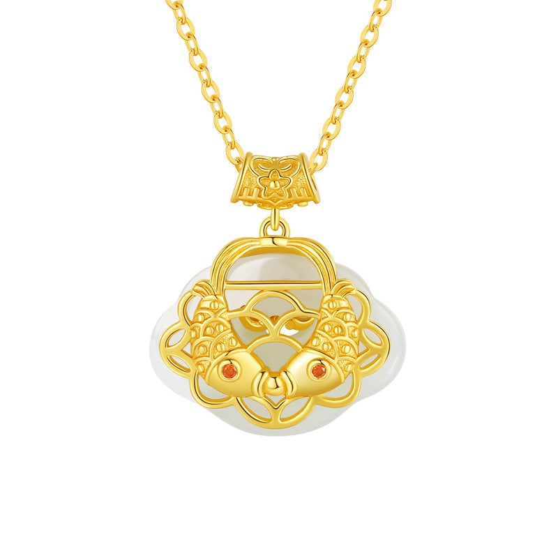 Collier pendentif en argent sterling 925 Buddha Stones en jade naturel Hetian Koi Fish Wealth