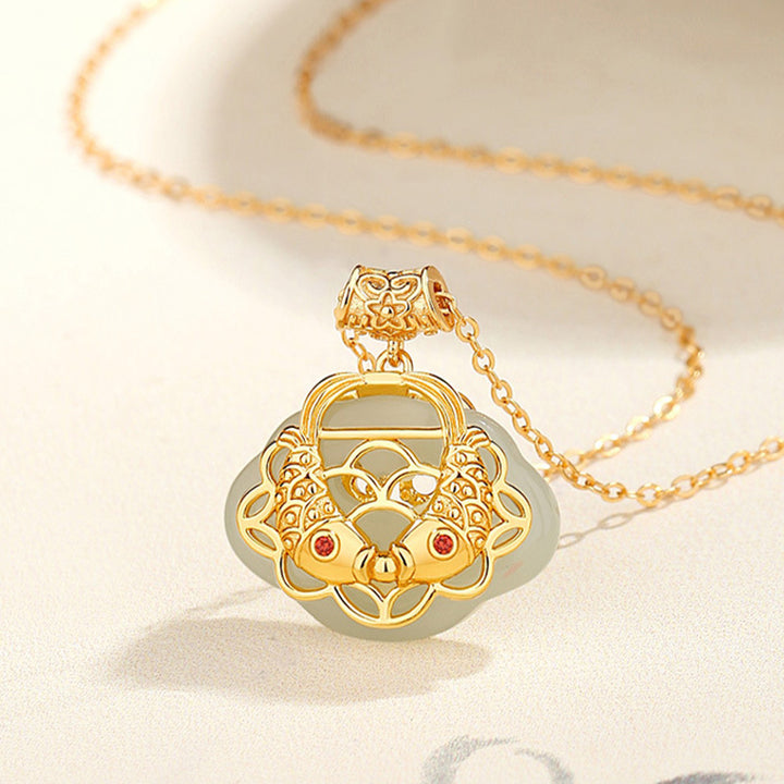 Collier pendentif en argent sterling 925 Buddha Stones en jade naturel Hetian Koi Fish Wealth