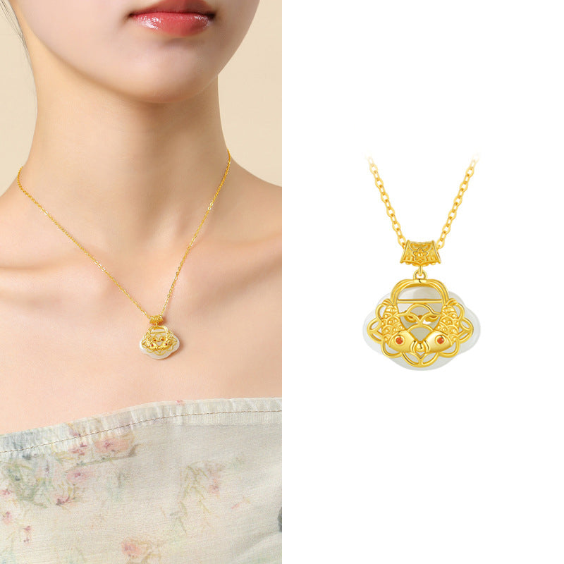 Collier pendentif en argent sterling 925 Buddha Stones en jade naturel Hetian Koi Fish Wealth