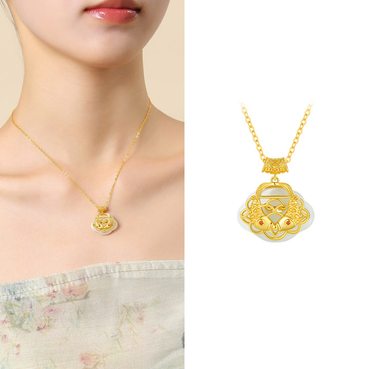 Collier pendentif en argent sterling 925 Buddha Stones en jade naturel Hetian Koi Fish Wealth