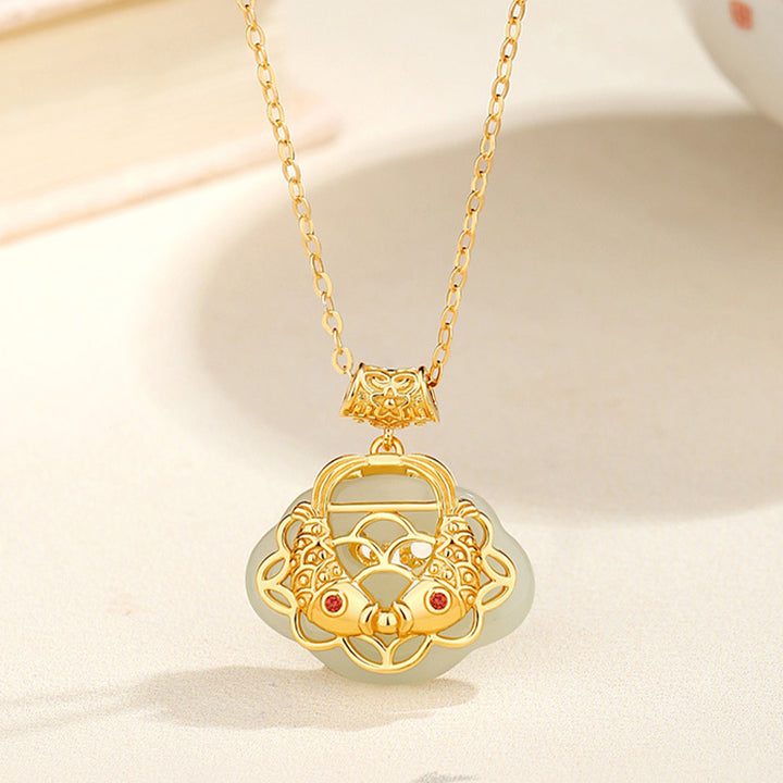Collier pendentif en argent sterling 925 Buddha Stones en jade naturel Hetian Koi Fish Wealth