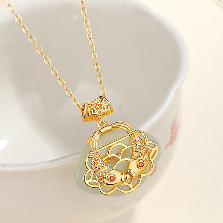 Collier pendentif en argent sterling 925 Buddha Stones en jade naturel Hetian Koi Fish Wealth
