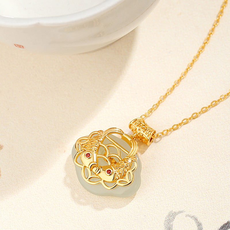 Collier pendentif en argent sterling 925 Buddha Stones en jade naturel Hetian Koi Fish Wealth