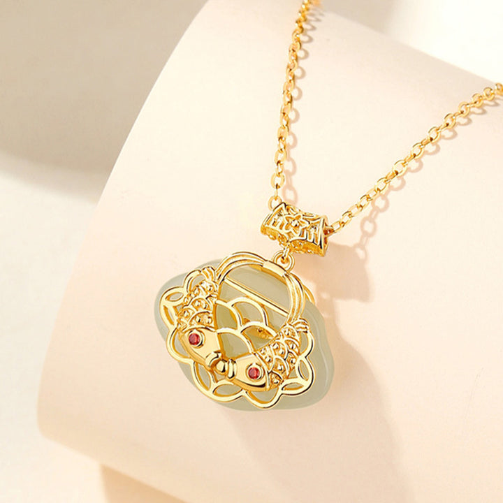 Collier pendentif en argent sterling 925 Buddha Stones en jade naturel Hetian Koi Fish Wealth