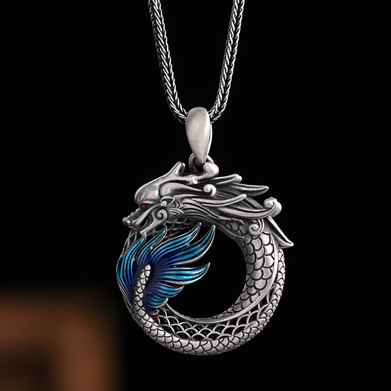 Buddha Stones Collier pendentif en argent sterling 999 avec boucle de paix de bon augure sculptée Année du Dragon