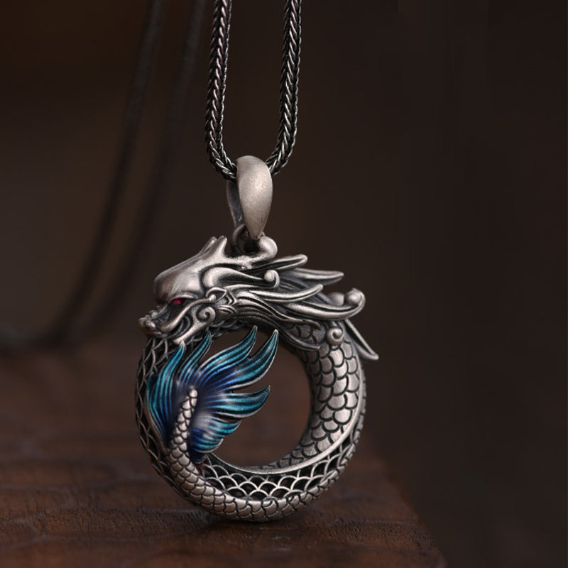 Buddha Stones Collier pendentif en argent sterling 999 avec boucle de paix de bon augure sculptée Année du Dragon
