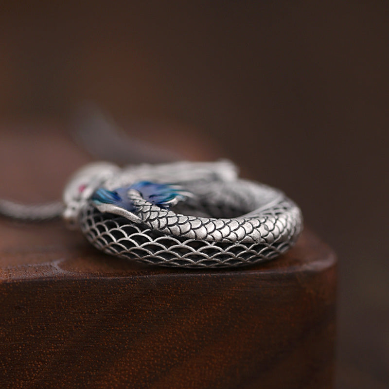 Buddha Stones Collier pendentif en argent sterling 999 avec boucle de paix de bon augure sculptée Année du Dragon