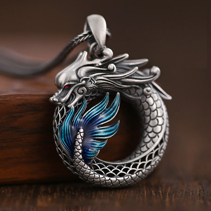Buddha Stones Collier pendentif en argent sterling 999 avec boucle de paix de bon augure sculptée Année du Dragon