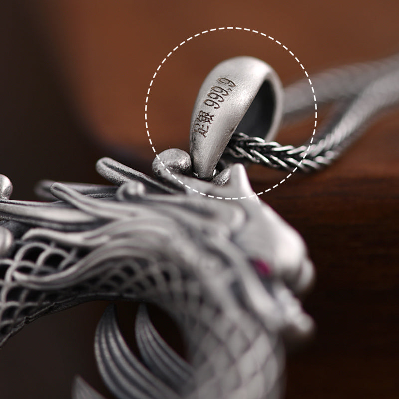 Buddha Stones Collier pendentif en argent sterling 999 avec boucle de paix de bon augure sculptée Année du Dragon