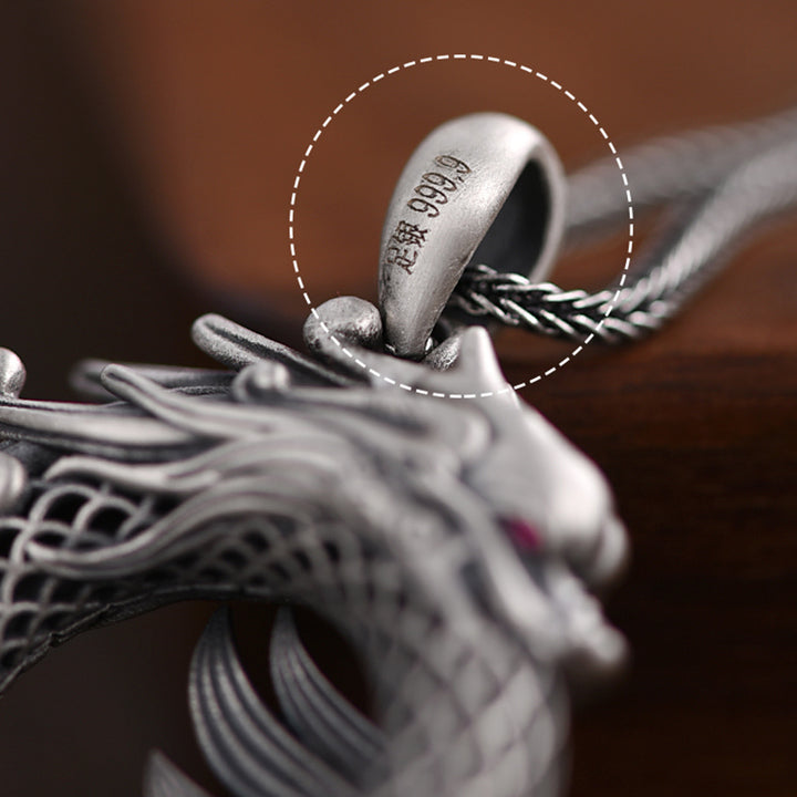 Buddha Stones Collier pendentif en argent sterling 999 avec boucle de paix de bon augure sculptée Année du Dragon