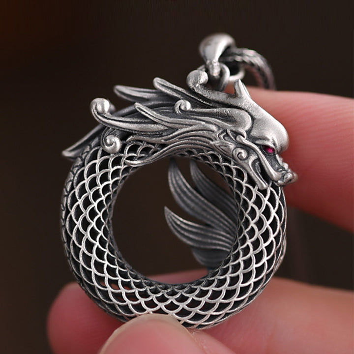 Buddha Stones Collier pendentif en argent sterling 999 avec boucle de paix de bon augure sculptée Année du Dragon