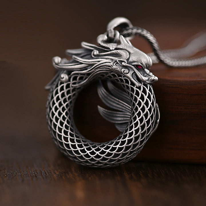 Buddha Stones Collier pendentif en argent sterling 999 avec boucle de paix de bon augure sculptée Année du Dragon