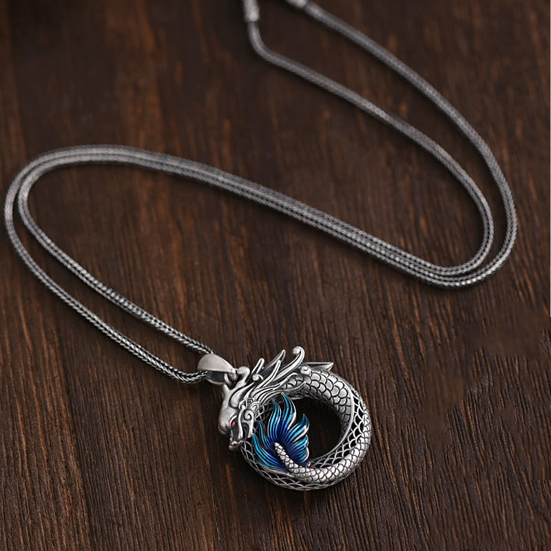 Buddha Stones Collier pendentif en argent sterling 999 avec boucle de paix de bon augure sculptée Année du Dragon