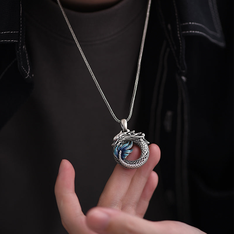 Buddha Stones Collier pendentif en argent sterling 999 avec boucle de paix de bon augure sculptée Année du Dragon