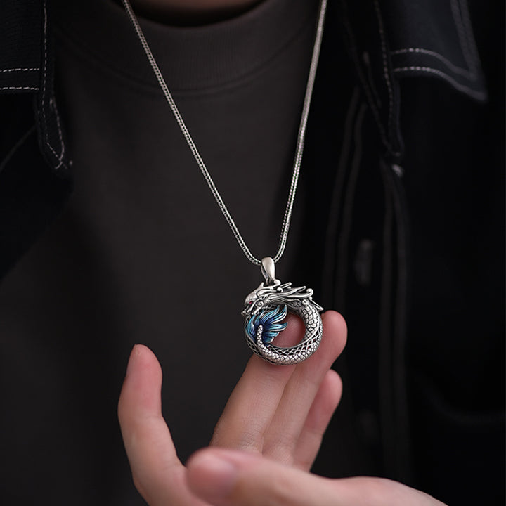 Buddha Stones Collier pendentif en argent sterling 999 avec boucle de paix de bon augure sculptée Année du Dragon