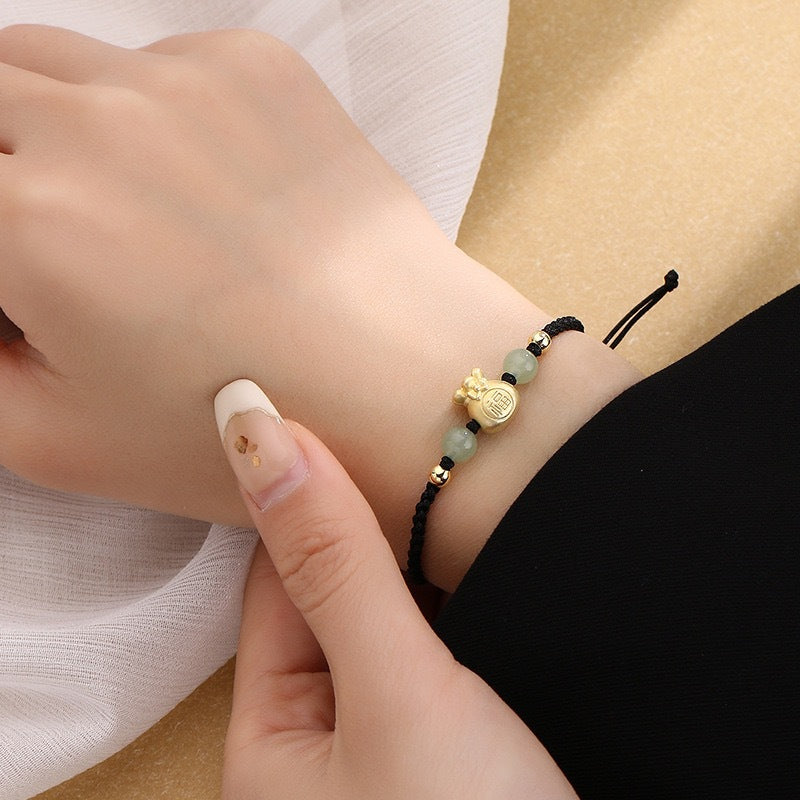 Bracelet tressé porte-bonheur en perles de jade avec personnage Fu et Buddha Stones