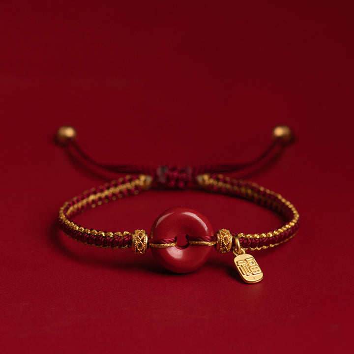Bracelet tressé avec boucle de paix en cinabre naturel et Buddha Stones, breloque de caractère Fu, bénédiction