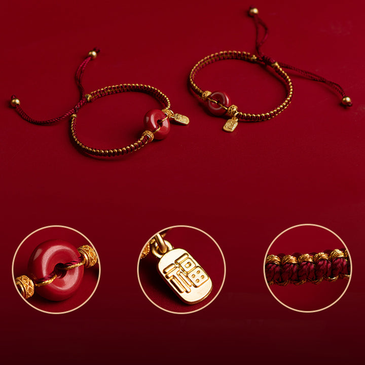 Bracelet tressé avec boucle de paix en cinabre naturel et Buddha Stones, breloque de caractère Fu, bénédiction