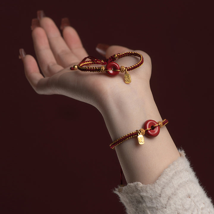 Bracelet tressé avec boucle de paix en cinabre naturel et Buddha Stones, breloque de caractère Fu, bénédiction