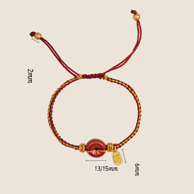 Bracelet tressé avec boucle de paix en cinabre naturel et Buddha Stones, breloque de caractère Fu, bénédiction