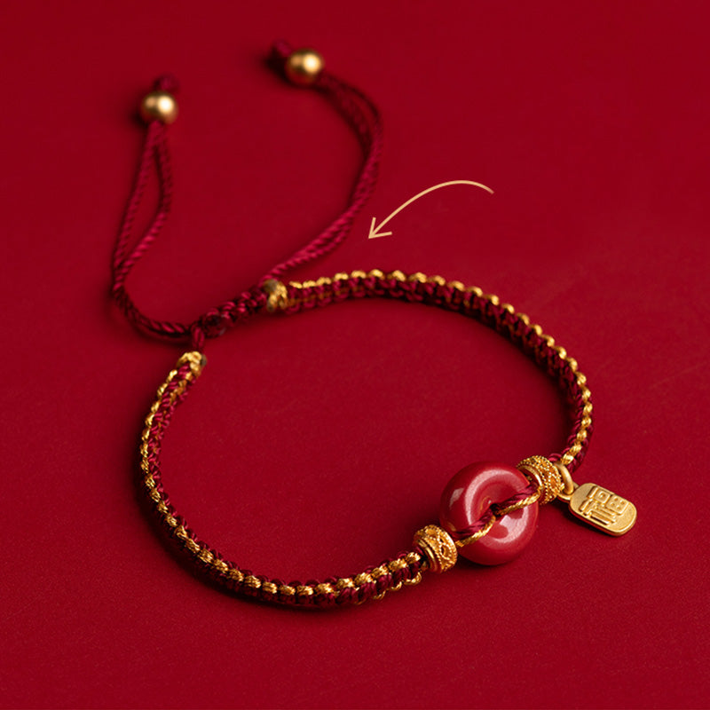 Bracelet tressé avec boucle de paix en cinabre naturel et Buddha Stones, breloque de caractère Fu, bénédiction