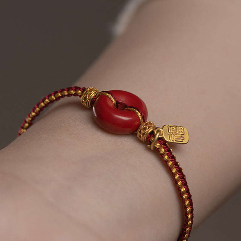 Bracelet tressé avec boucle de paix en cinabre naturel et Buddha Stones, breloque de caractère Fu, bénédiction