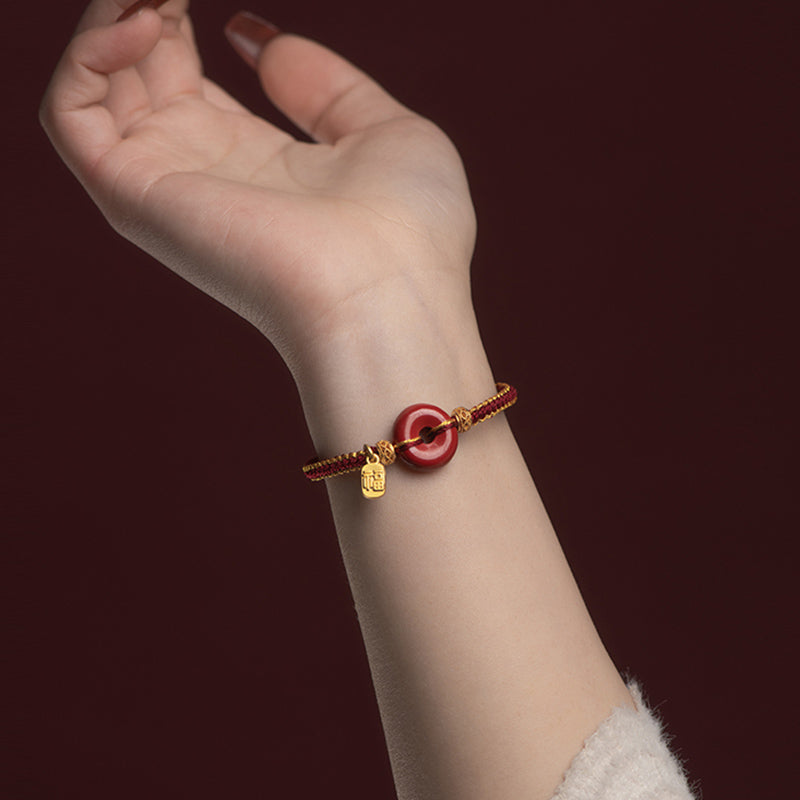 Bracelet tressé avec boucle de paix en cinabre naturel et Buddha Stones, breloque de caractère Fu, bénédiction