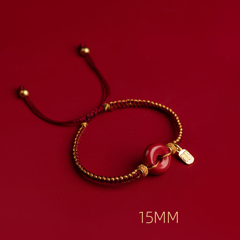 Bracelet tressé avec boucle de paix en cinabre naturel et Buddha Stones, breloque de caractère Fu, bénédiction