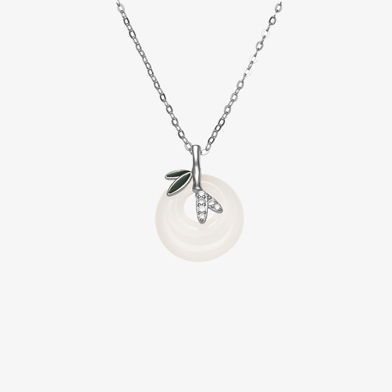Buddha Stones pendentif positif en argent sterling 925 avec boucle de paix et feuille de bambou en calcédoine naturelle