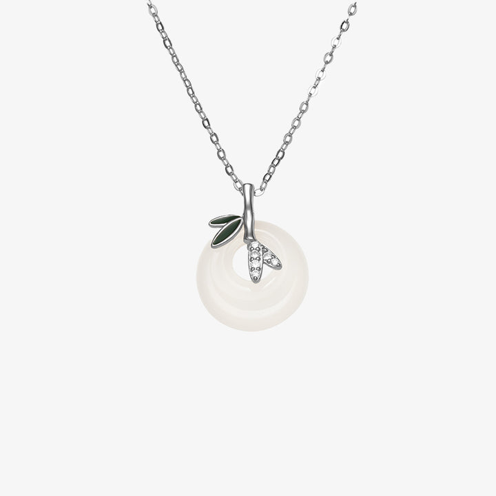 Buddha Stones pendentif positif en argent sterling 925 avec boucle de paix et feuille de bambou en calcédoine naturelle