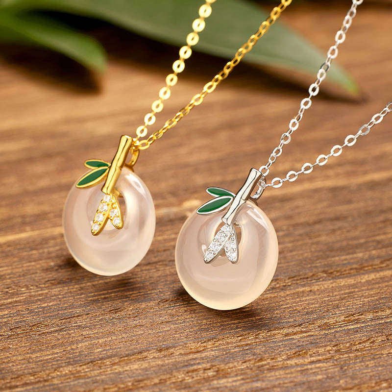 Buddha Stones pendentif positif en argent sterling 925 avec boucle de paix et feuille de bambou en calcédoine naturelle - image 1