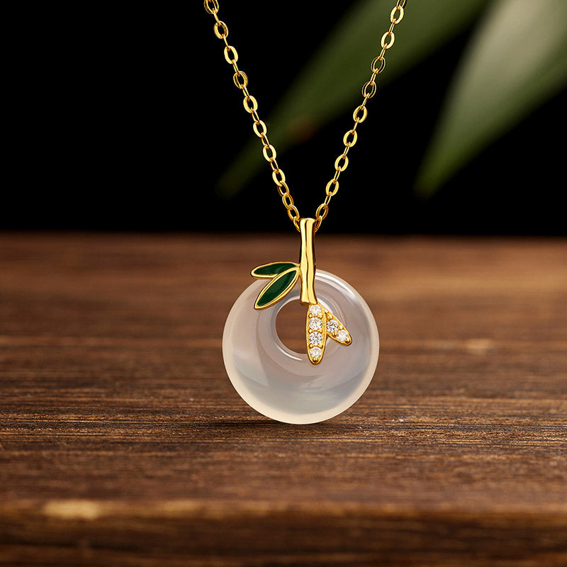 Buddha Stones pendentif positif en argent sterling 925 avec boucle de paix et feuille de bambou en calcédoine naturelle - Calcédoine bambou doré - image 0