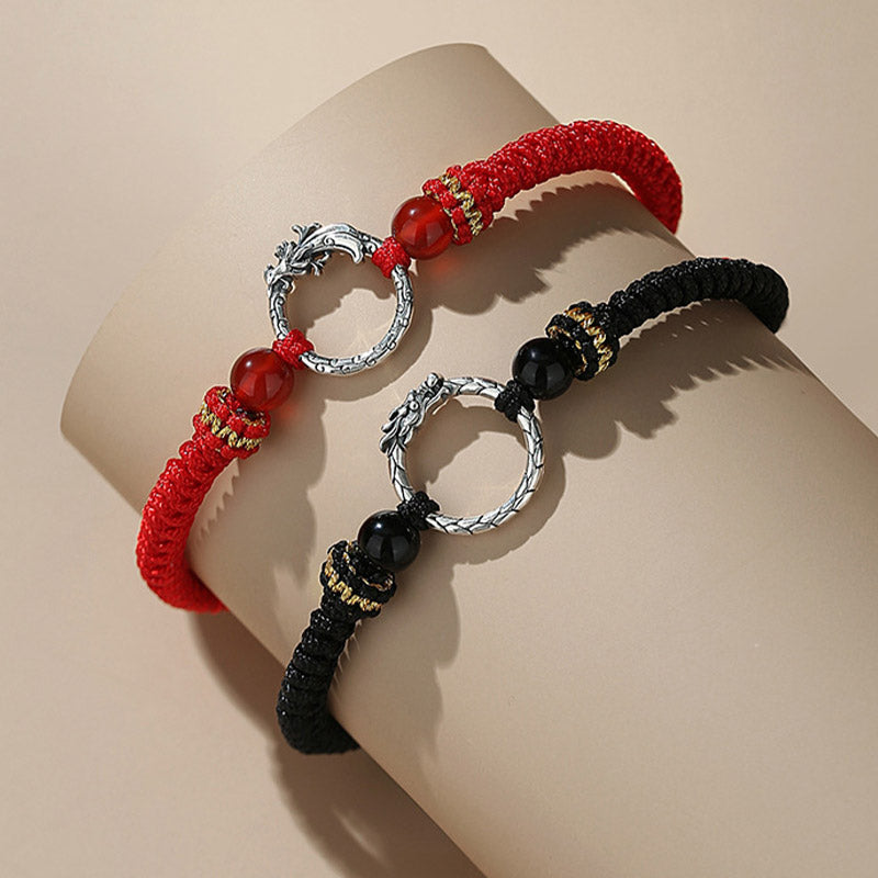 Bracelet de couple porte-bonheur en argent sterling 925 fait main avec Buddha Stones Année du Dragon Phénix Boucle de paix