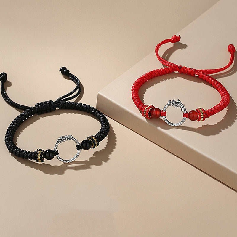 Bracelet de couple porte-bonheur en argent sterling 925 fait main avec Buddha Stones Année du Dragon Phénix Boucle de paix