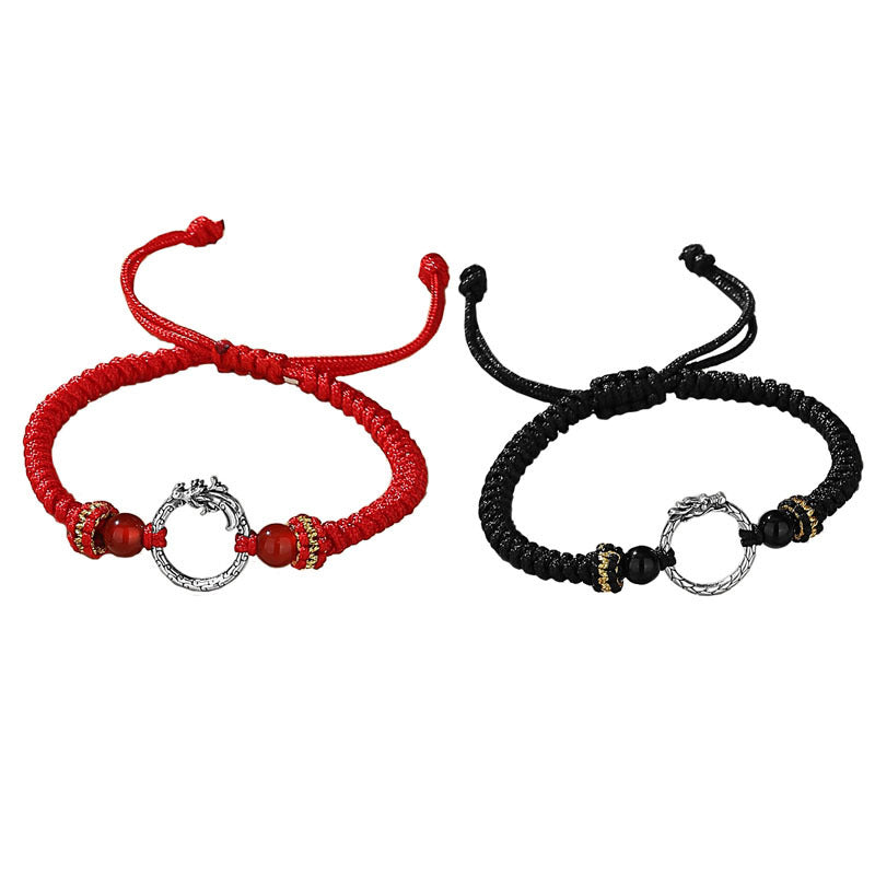 Bracelet de couple porte-bonheur en argent sterling 925 fait main avec Buddha Stones Année du Dragon Phénix Boucle de paix