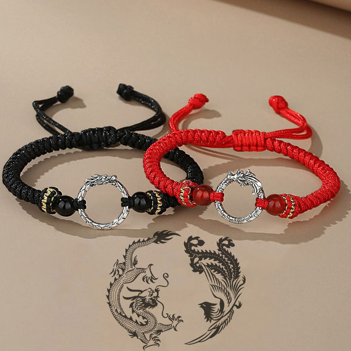 Bracelet de couple porte-bonheur en argent sterling 925 fait main avec Buddha Stones Année du Dragon Phénix Boucle de paix