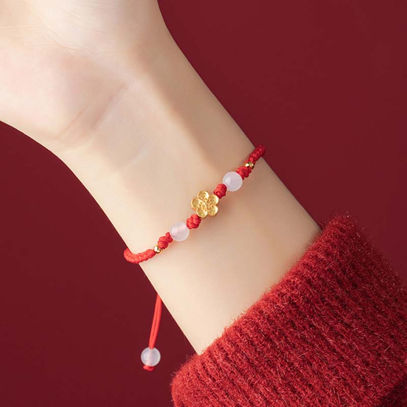 Bracelet en corde rouge porte-bonheur en argent sterling 925 fait main avec perles de calcédoine Sakura et fleur de pêcher et cerisier de Buddha Stones - image 8