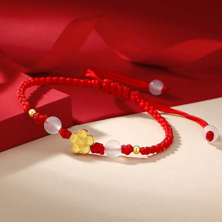 Bracelet en corde rouge porte-bonheur en argent sterling 925 fait main avec perles de calcédoine Sakura et fleur de pêcher et cerisier de Buddha Stones