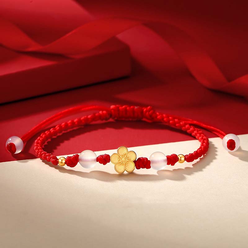 Bracelet en corde rouge porte-bonheur en argent sterling 925 fait main avec perles de calcédoine Sakura et fleur de pêcher et cerisier de Buddha Stones - 14-21 cm - image 0