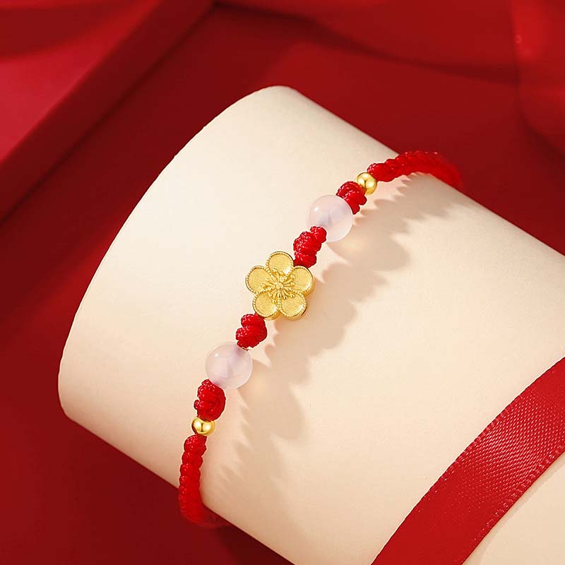 Bracelet en corde rouge porte-bonheur en argent sterling 925 fait main avec perles de calcédoine Sakura et fleur de pêcher et cerisier de Buddha Stones