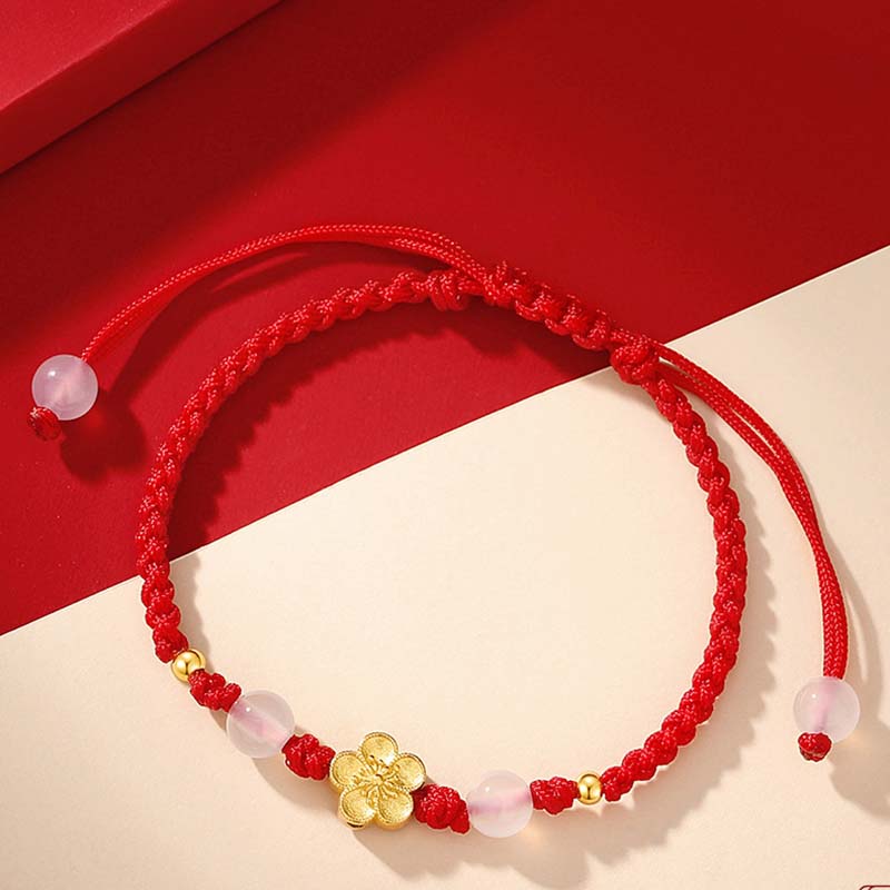 Bracelet en corde rouge porte-bonheur en argent sterling 925 fait main avec perles de calcédoine Sakura et fleur de pêcher et cerisier de Buddha Stones