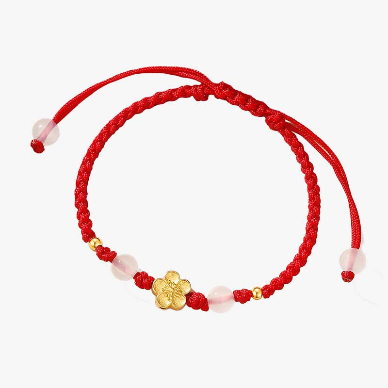 Bracelet en corde rouge porte-bonheur en argent sterling 925 fait main avec perles de calcédoine Sakura et fleur de pêcher et cerisier de Buddha Stones